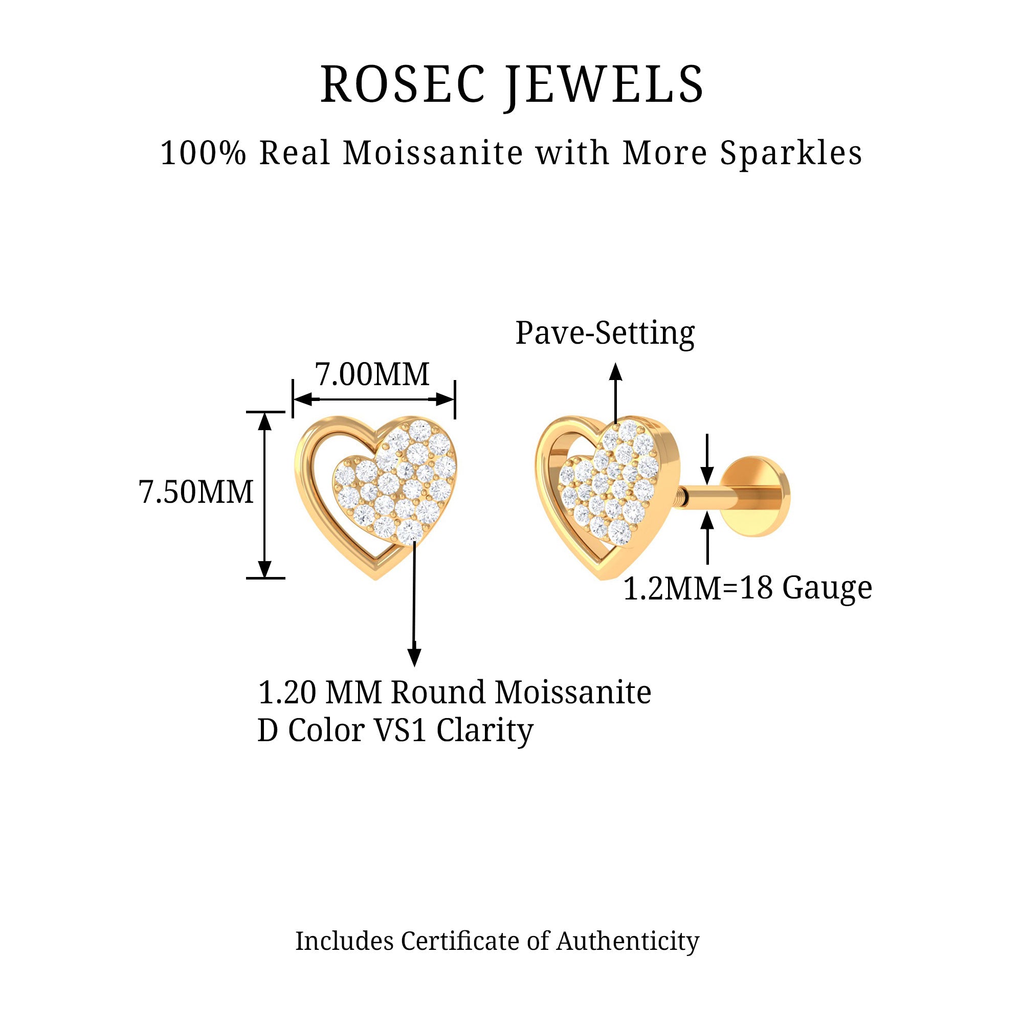 Rosec Jewels-Moissanite Heart Stud Earring for Rook Piercing