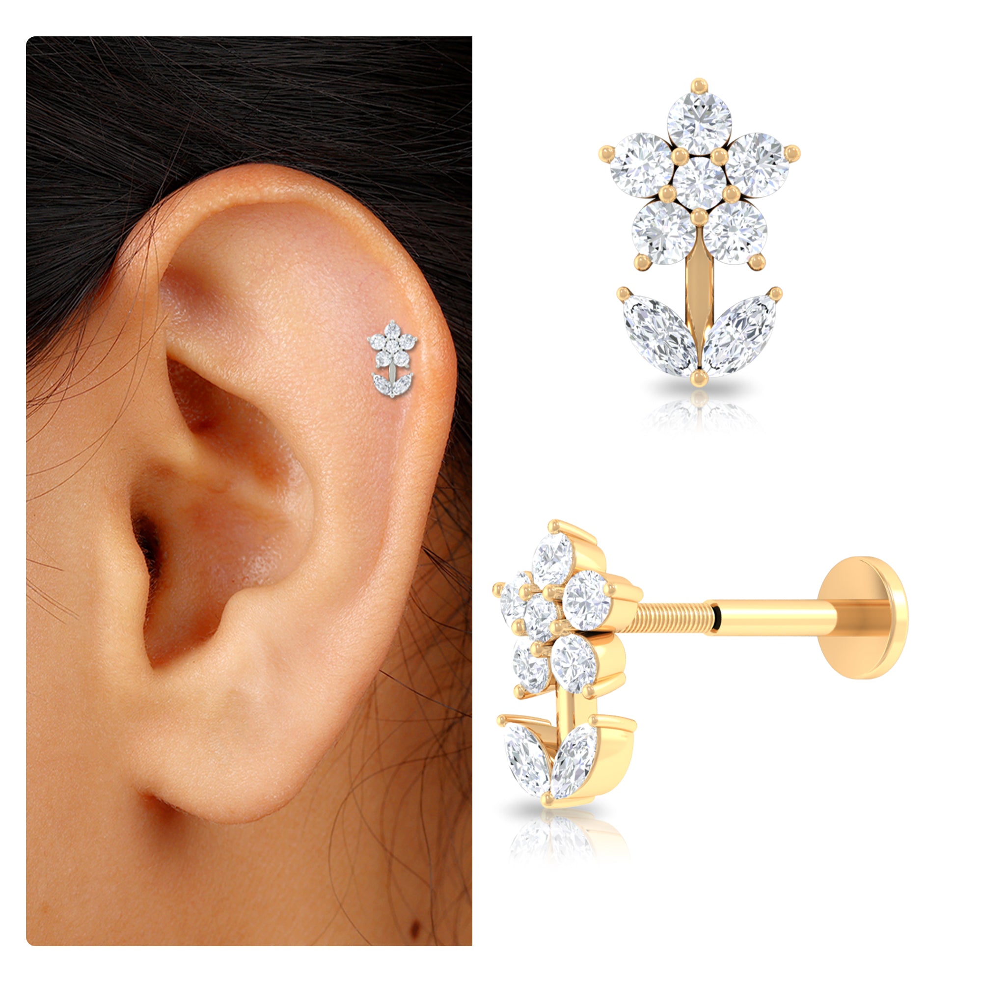 Rosec Jewels-0.25 CT Moissanite Flower Cartilage Earring in Gold