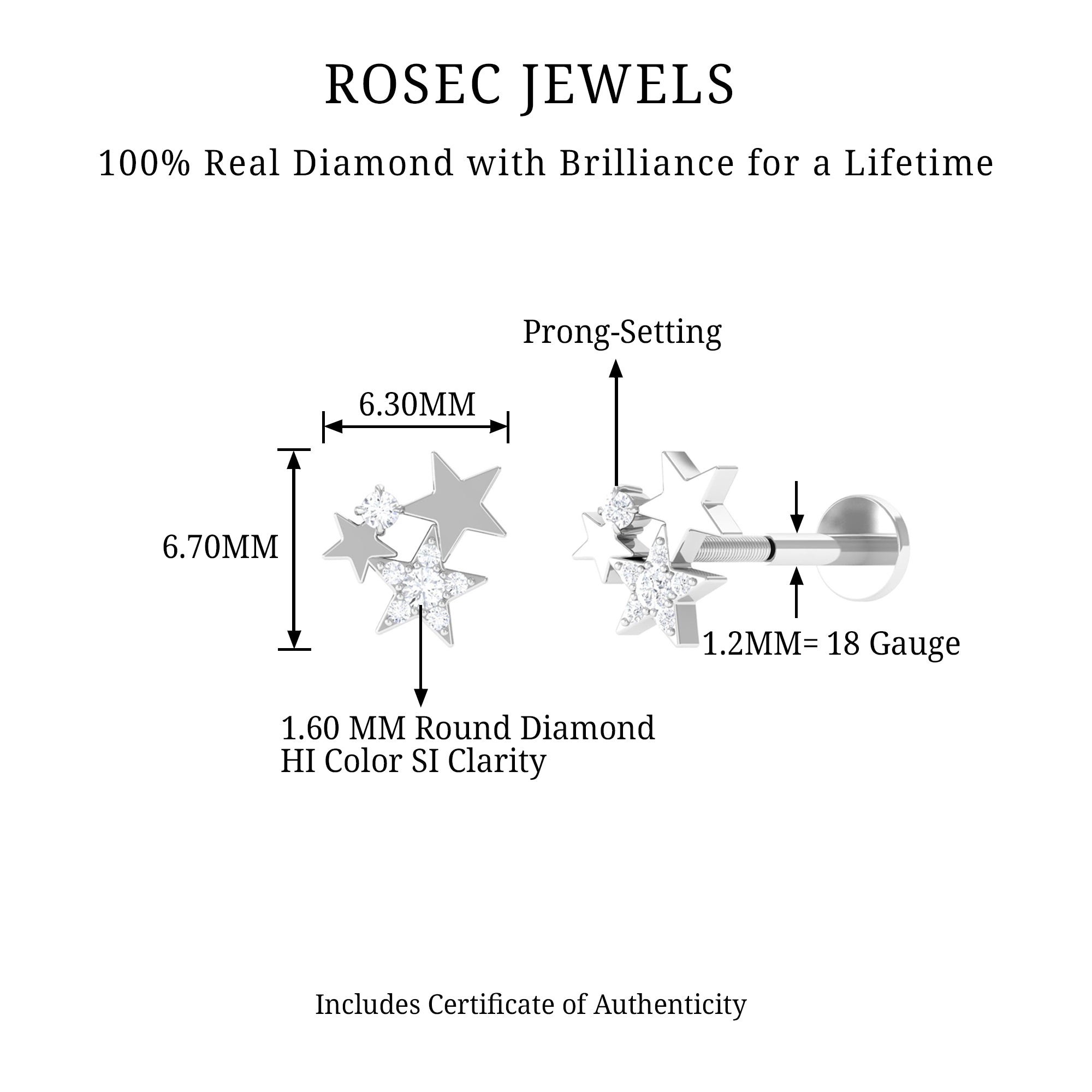 Rosec Jewels-Round Cut Natural Diamond Gold Star Cartilage Earring