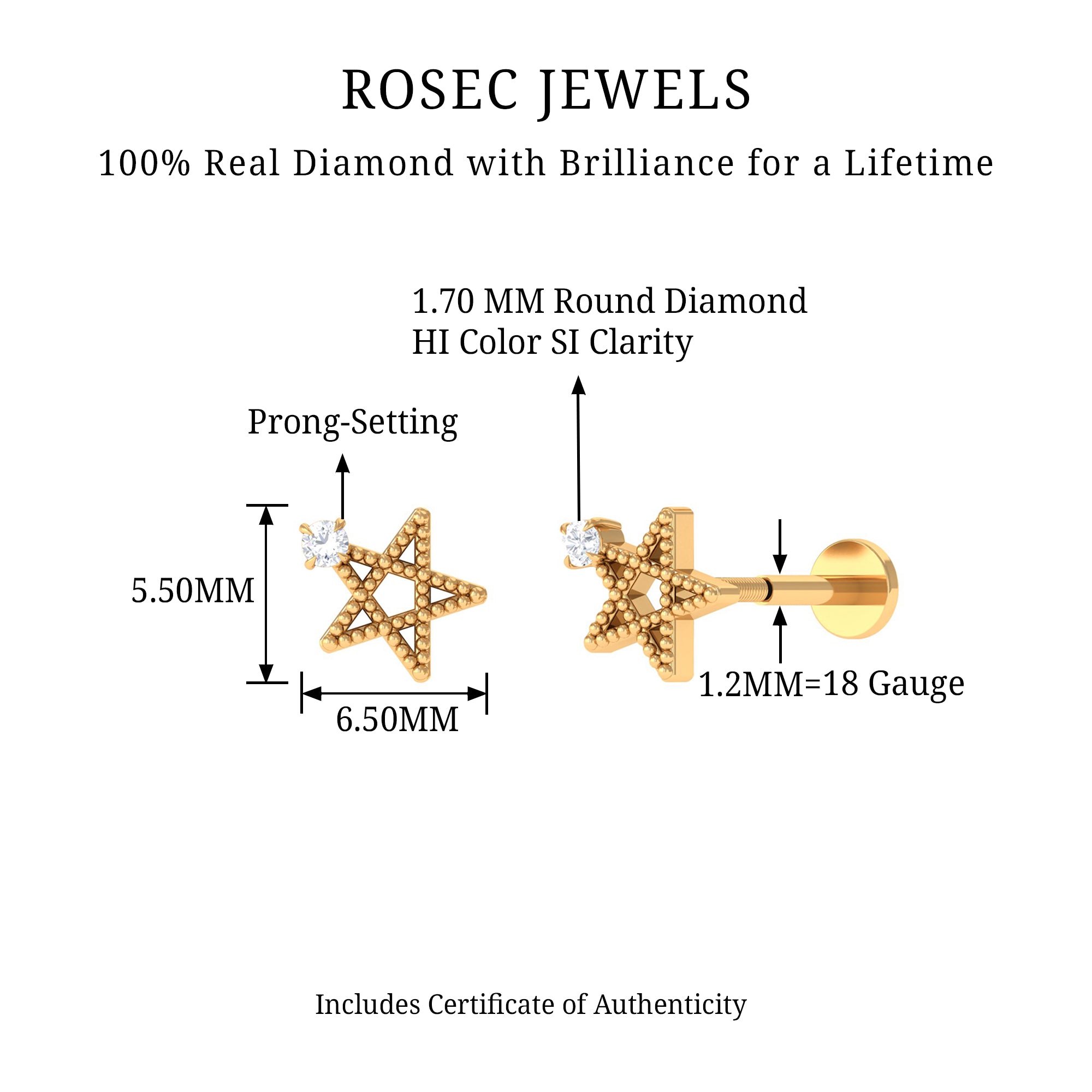 Rosec Jewels-Natural Diamond Star Cartilage Earring with Beaded Gold