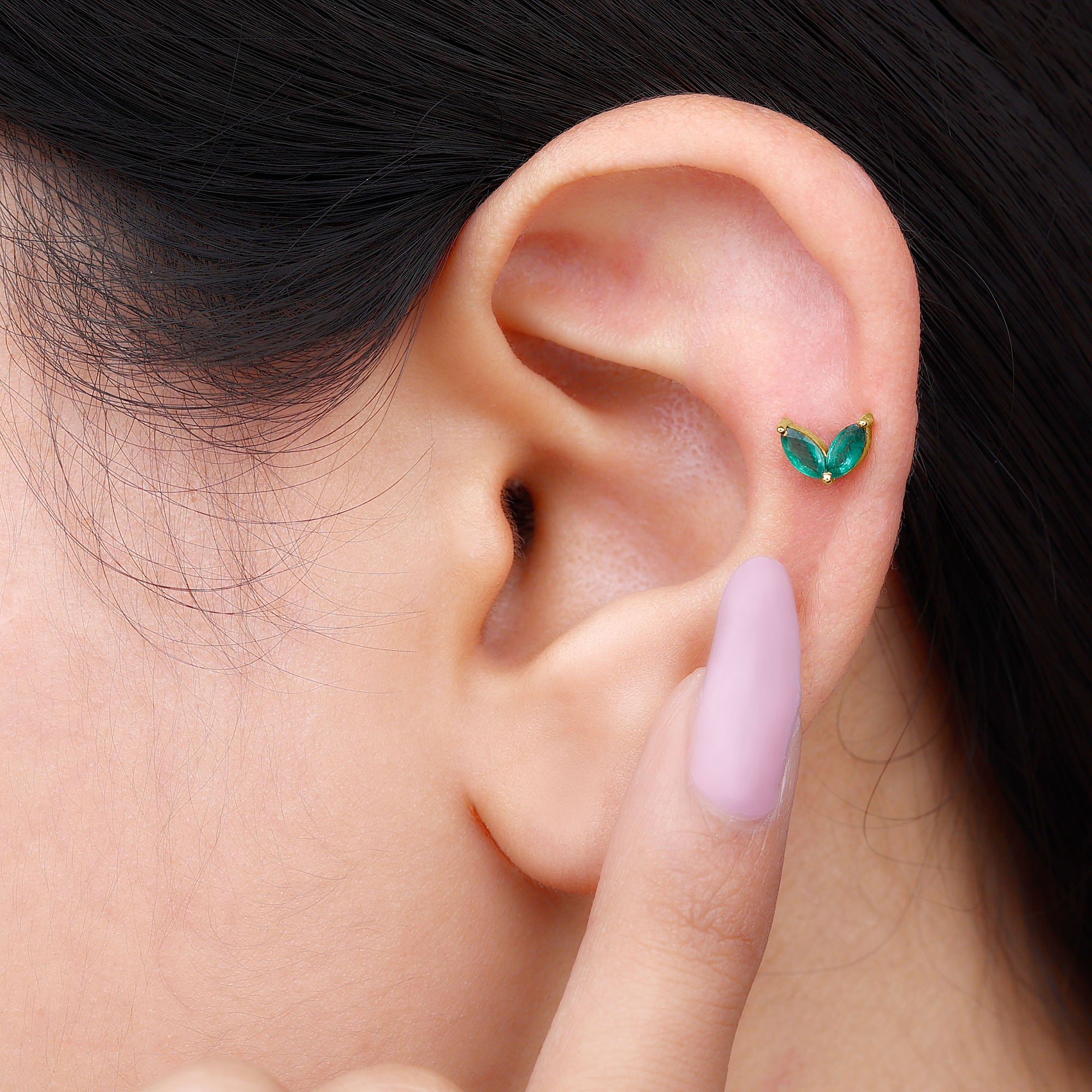 Rosec Jewels-Marquise Created Emerald Leaf Earring for Helix Piercing