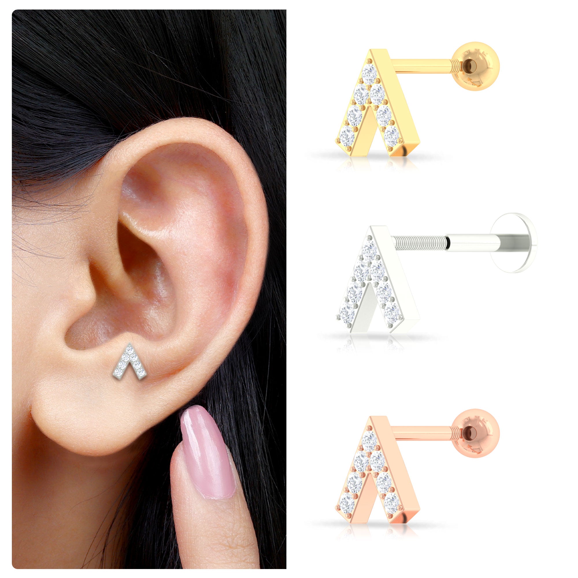 Rosec Jewels-Genuine Diamond V Shape Earring for Tragus Piercing in Gold