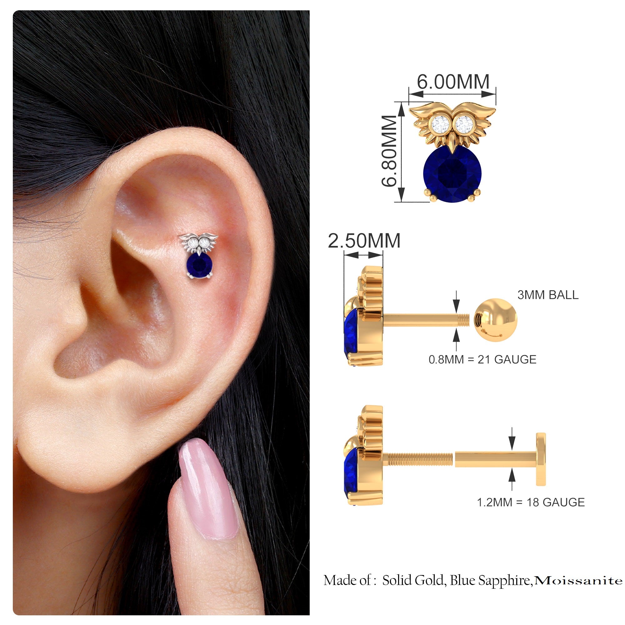 Rosec Jewels-Blue Sapphire and Moissanite Owl Helix Earring