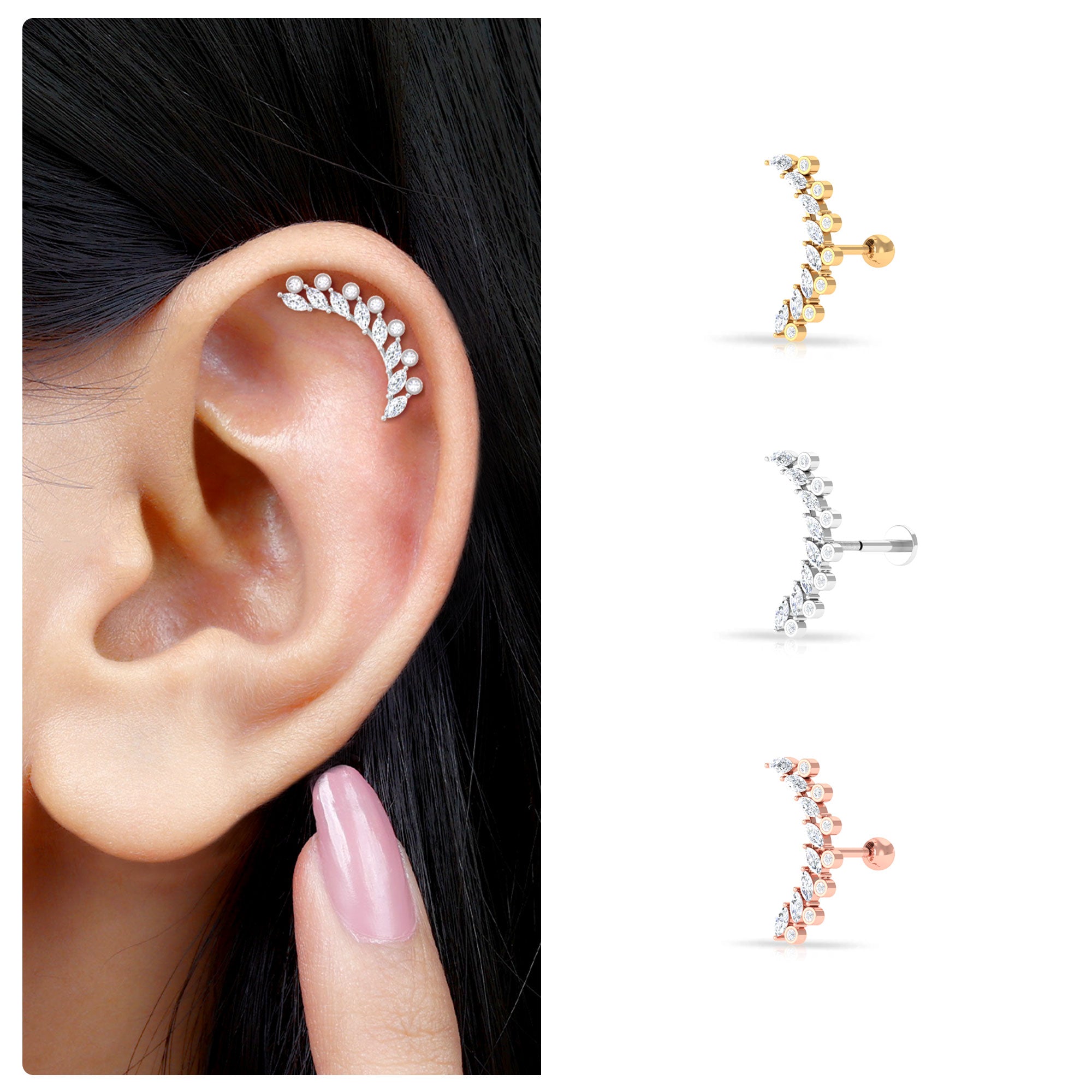 Rosec Jewels-Curved Crawler Earring with Marquise and Round Moissanite