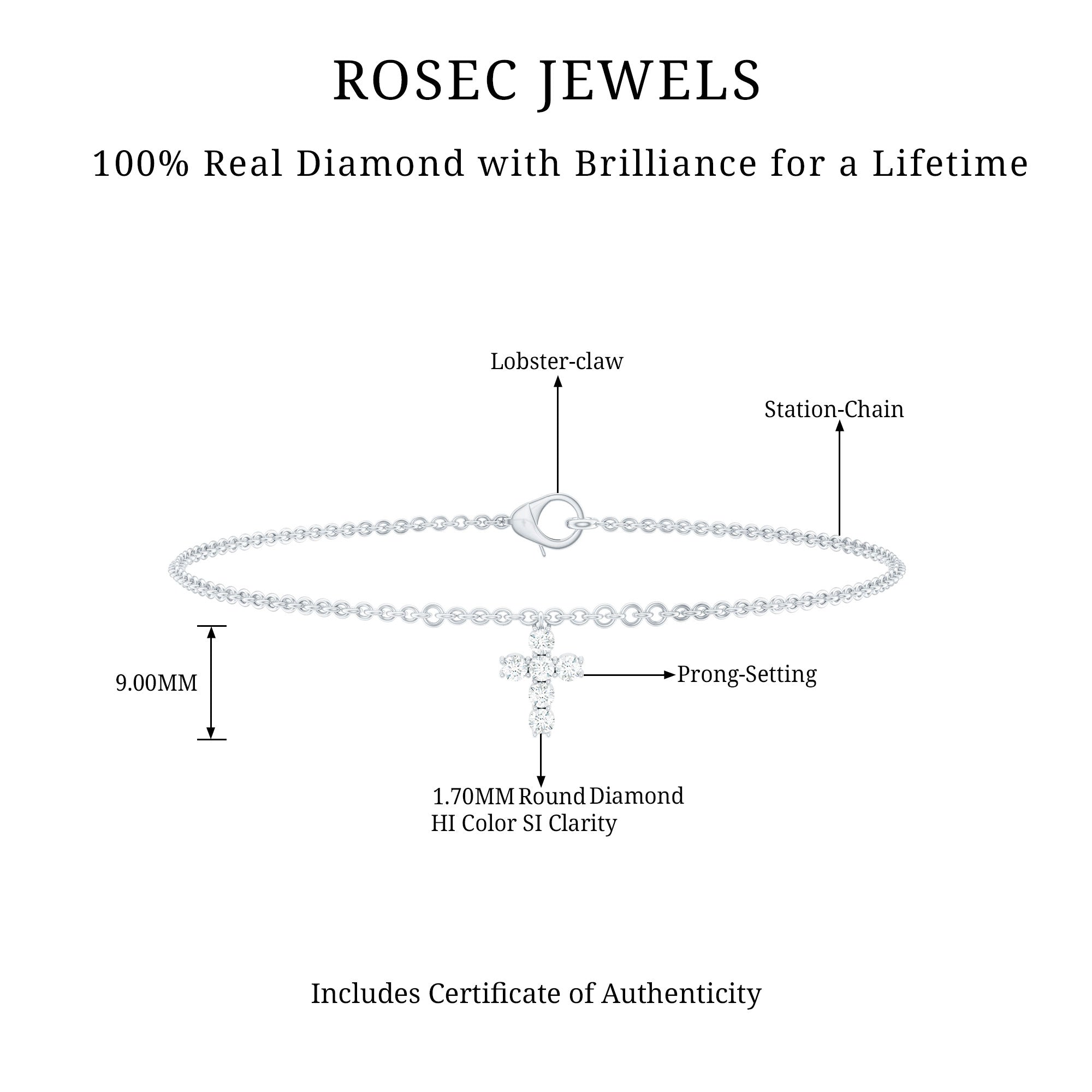 Rosec Jewels-0.25 CT Certified Diamond Chain Bracelet with Cross Charm