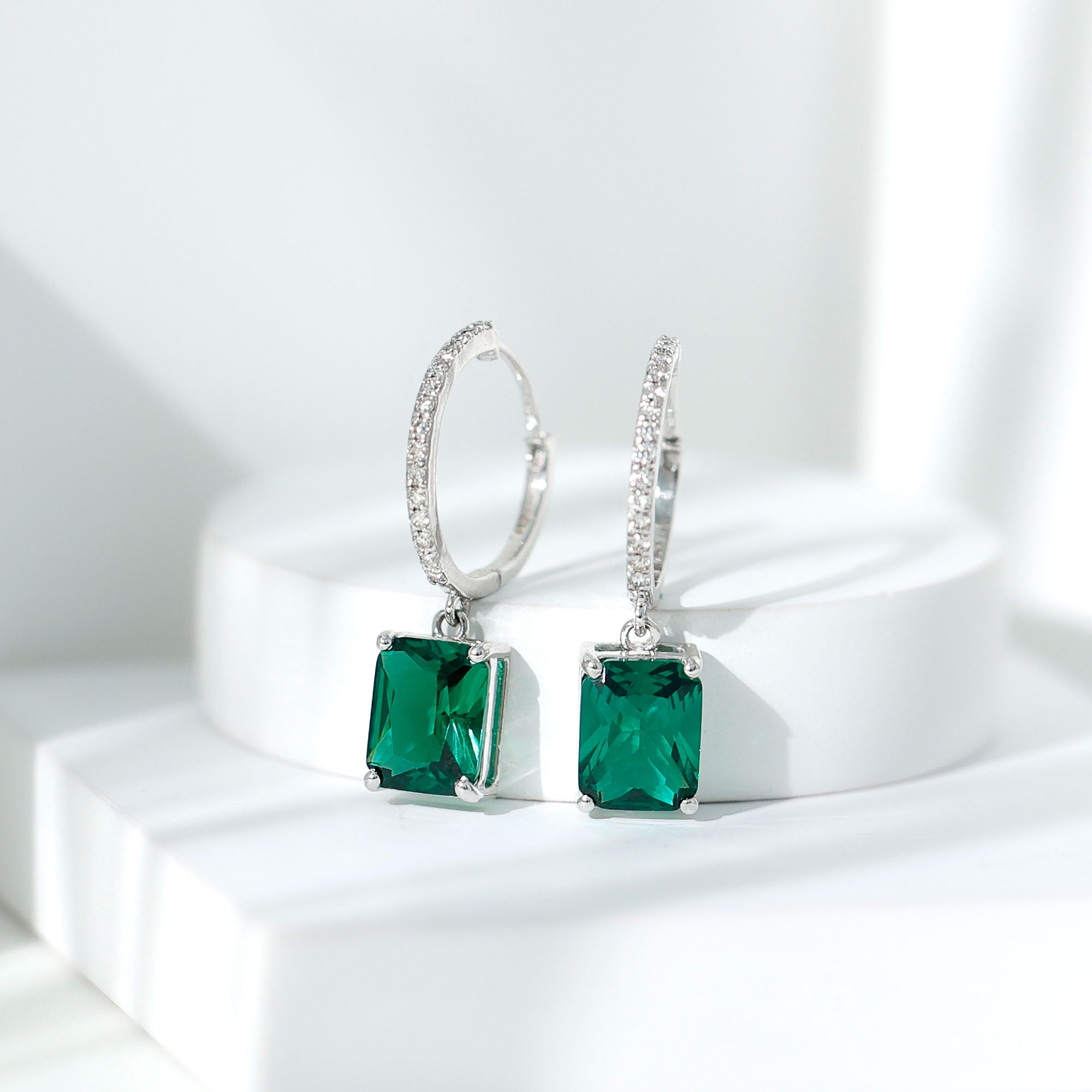 5 CT Octagon Cut Created Emerald Hoop Drop Earrings with Diamond Lab Created Emerald - ( AAAA ) - Quality - Rosec Jewels