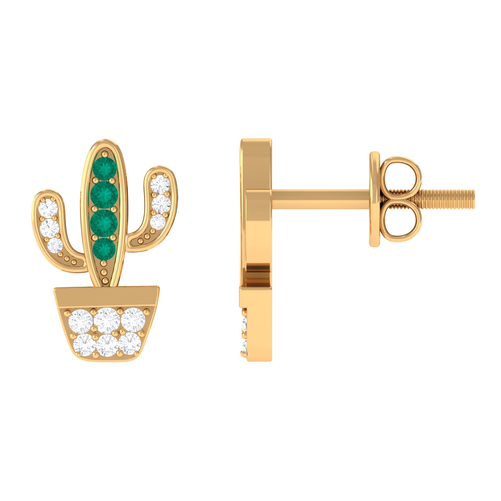 Cactus Stud Earrings with Emerald and Diamond Stones Emerald - ( AAA ) - Quality - Rosec Jewels