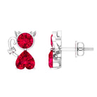 2 CT Kitty Stud Earrings with Round and Heart Shape Created Ruby Lab Created Ruby - ( AAAA ) - Quality - Rosec Jewels