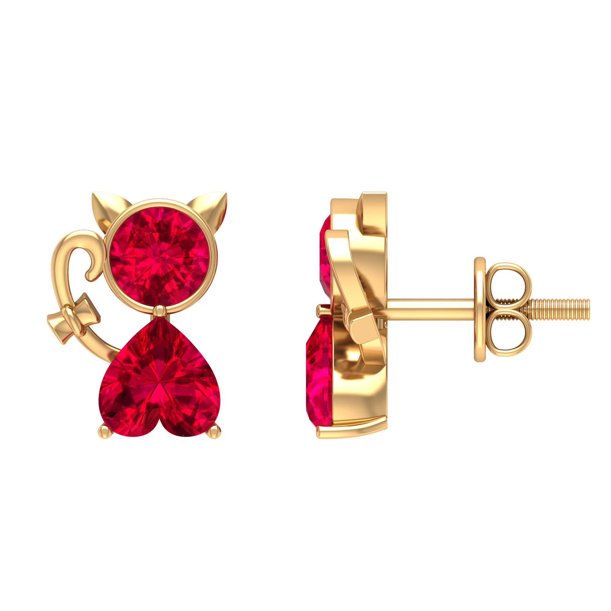 2 CT Kitty Stud Earrings with Round and Heart Shape Created Ruby Lab Created Ruby - ( AAAA ) - Quality - Rosec Jewels