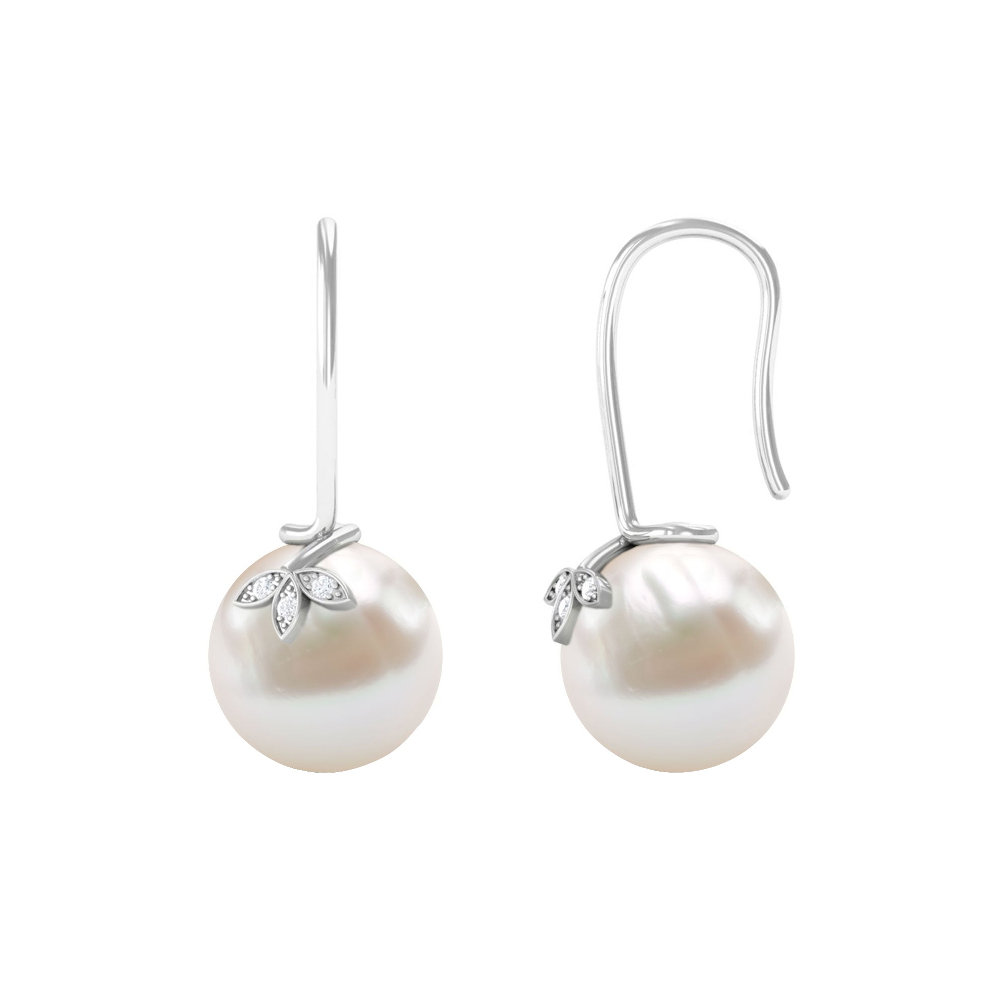 Designer Freshwater Pearl and Diamond Drop Earrings with Fish Hook Freshwater Pearl - ( AAA ) - Quality - Rosec Jewels