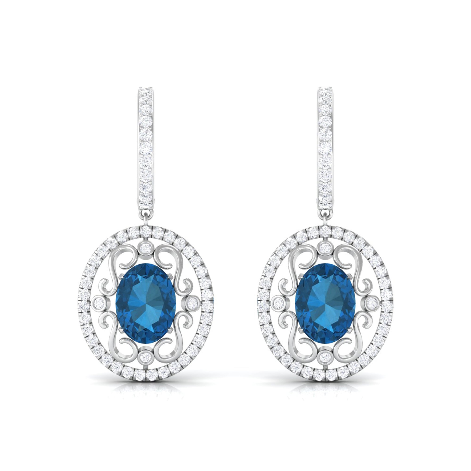 Vintage Style London Blue Topaz Hoop Drop Earrings with Diamond London Blue Topaz - ( AAA ) - Quality - Rosec Jewels