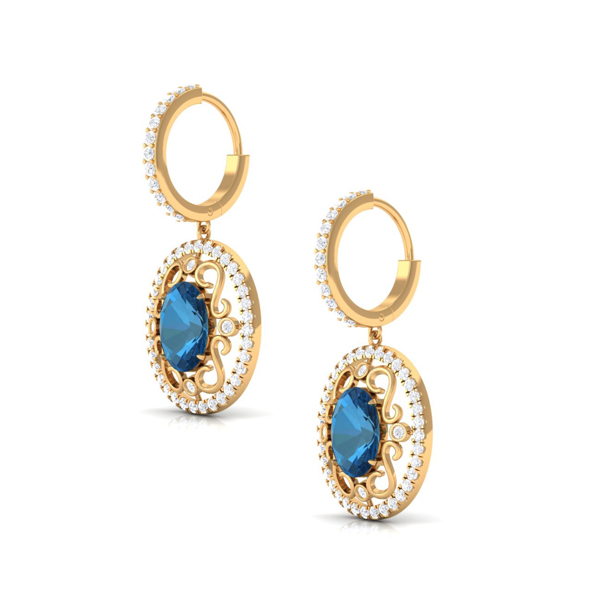 Vintage Style London Blue Topaz Hoop Drop Earrings with Diamond London Blue Topaz - ( AAA ) - Quality - Rosec Jewels