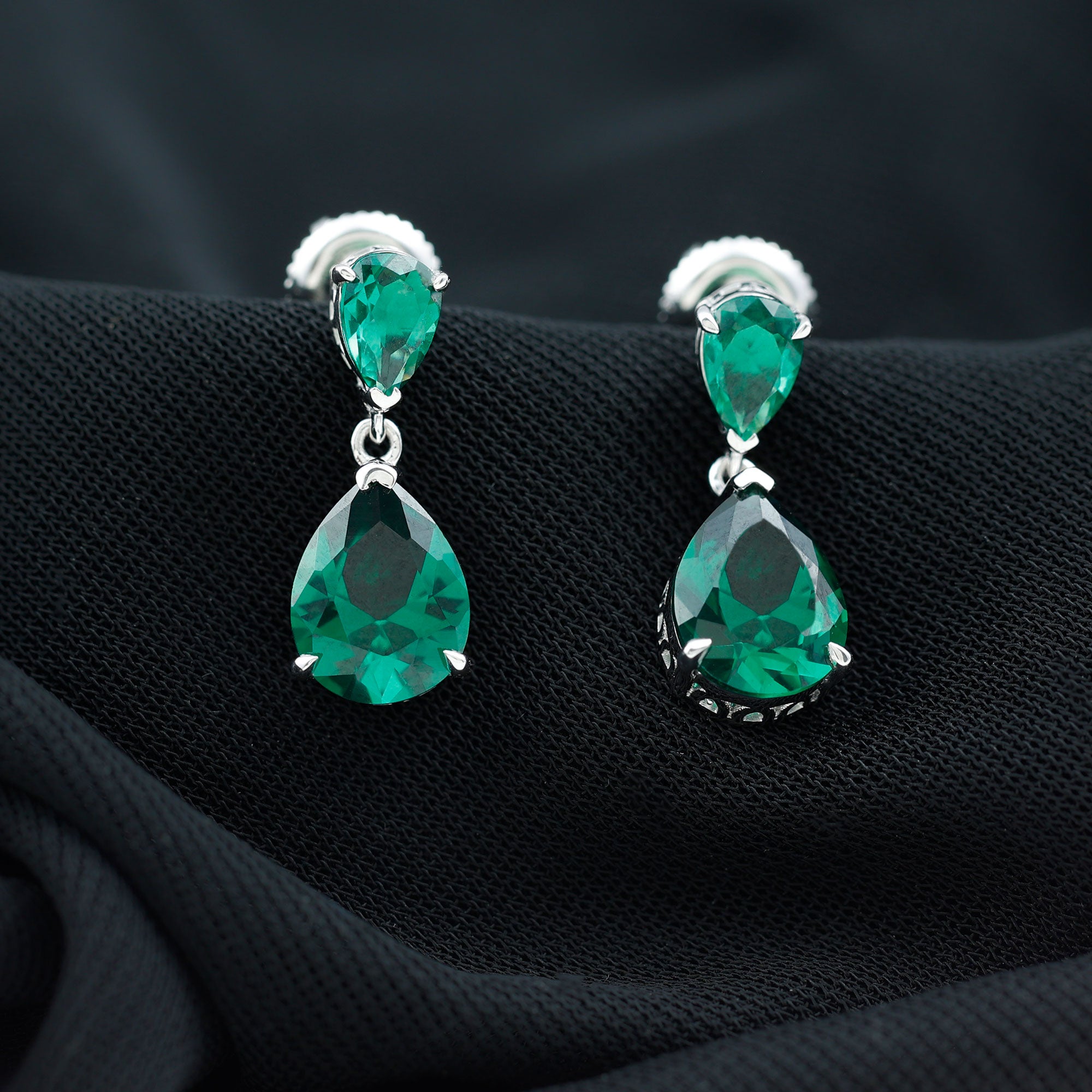 4.25 CT Created Emerald Teardrop Statement Earrings in Silver Lab Created Emerald - ( AAAA ) - Quality 92.5 Sterling Silver - Rosec Jewels