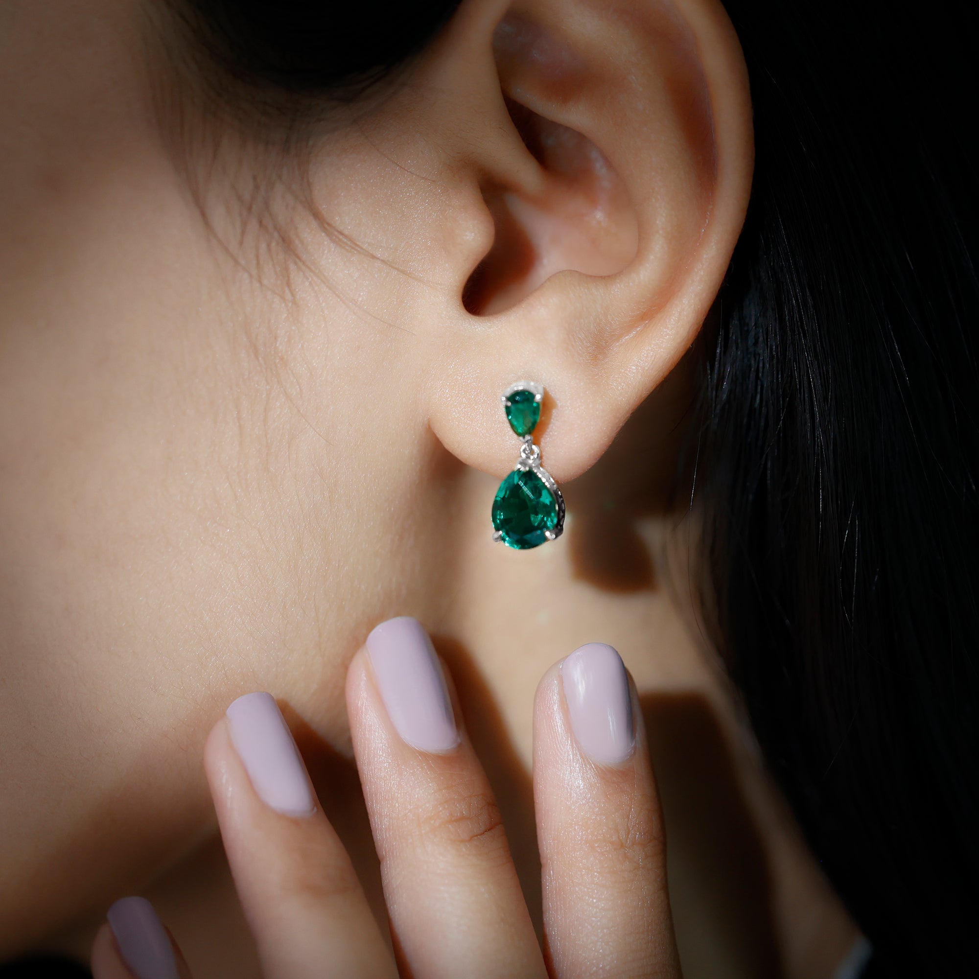 4.25 CT Created Emerald Teardrop Statement Earrings in Silver Lab Created Emerald - ( AAAA ) - Quality 92.5 Sterling Silver - Rosec Jewels