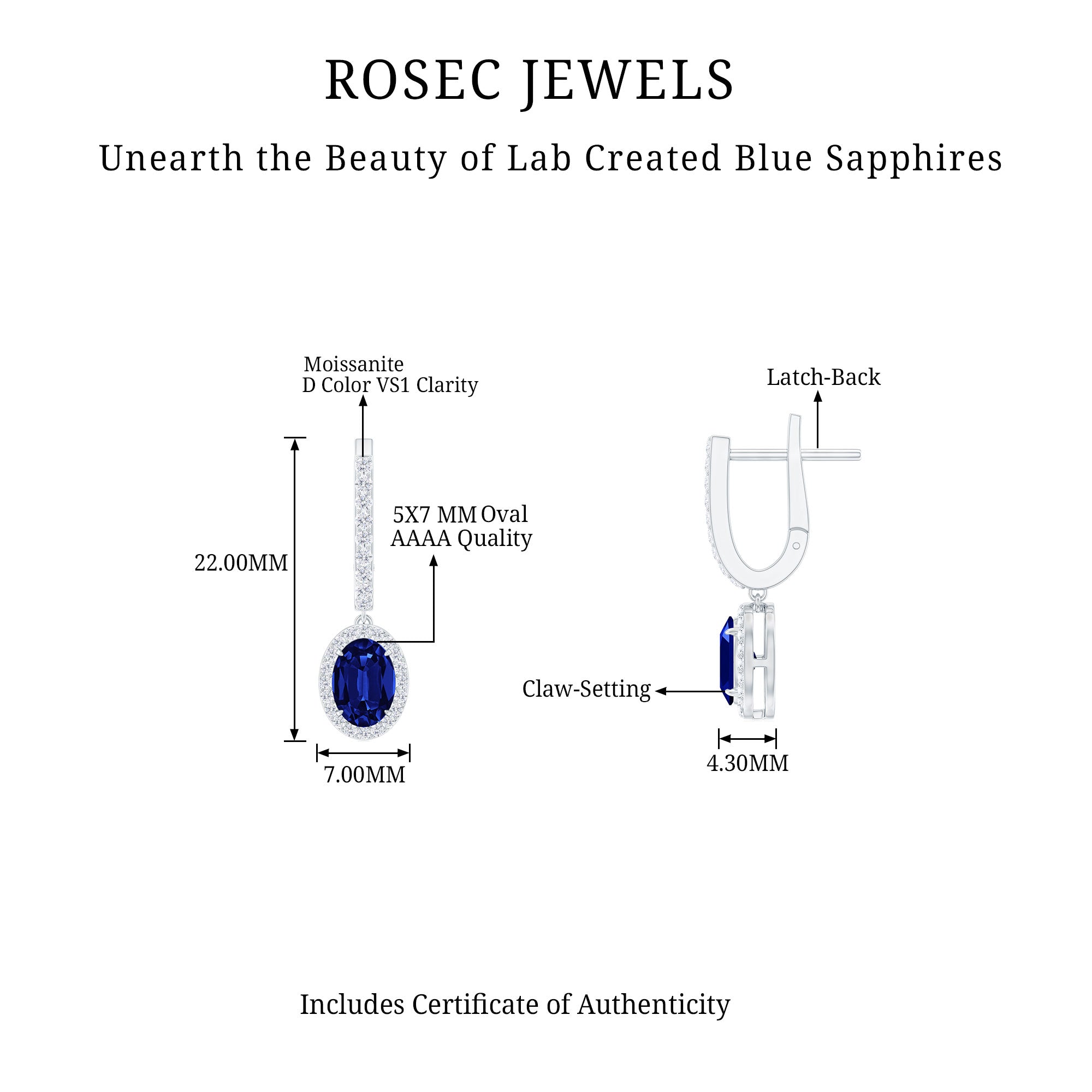 2.5 CT Silver Hoop Drop Earrings with Created Blue Sapphire and Moissanite Halo - Rosec Jewels