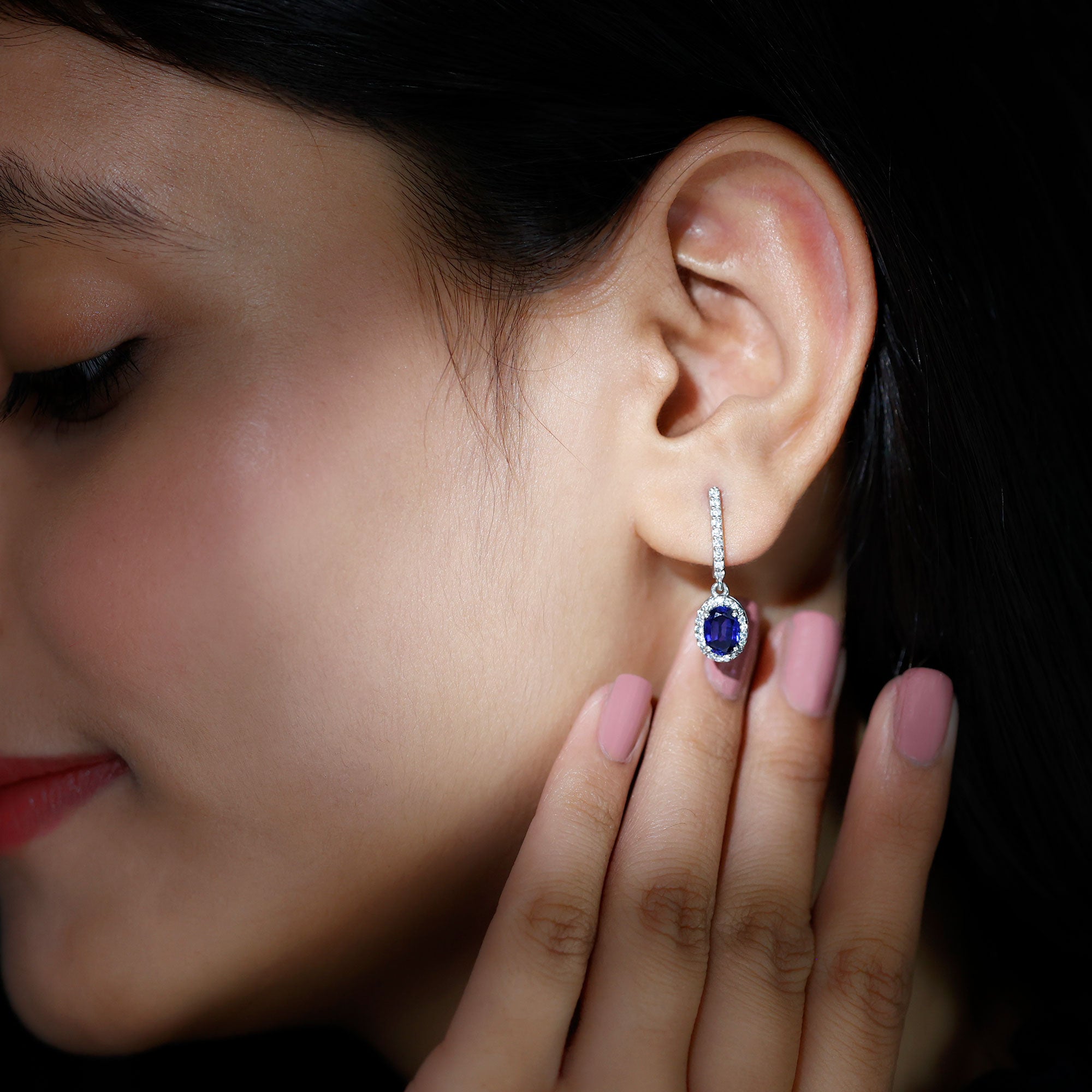 2.5 CT Silver Hoop Drop Earrings with Created Blue Sapphire and Moissanite Halo - Rosec Jewels