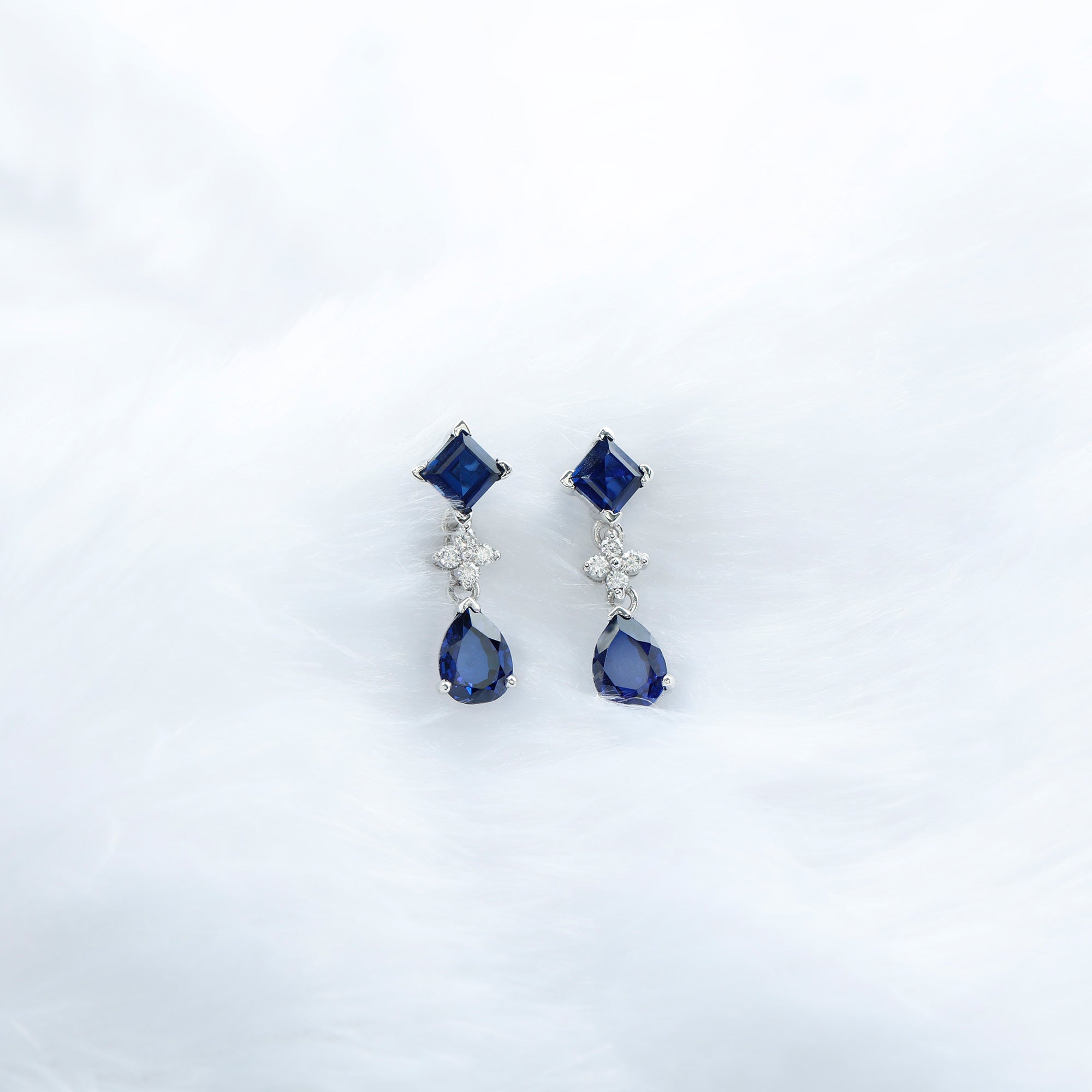 4.75 CT Created Blue Sapphire Silver Drop Earrings with Moissanite Lab Created Blue Sapphire - ( AAAA ) - Quality 92.5 Sterling Silver - Rosec Jewels