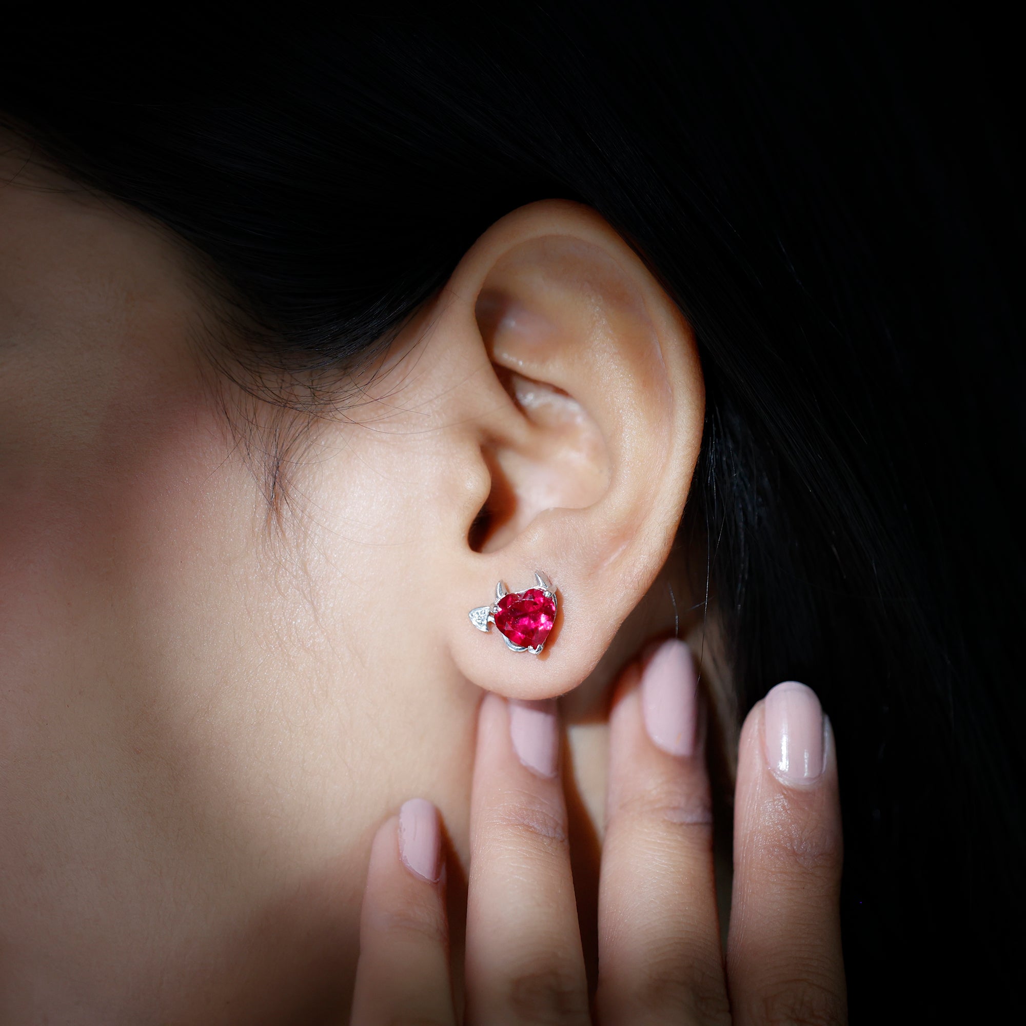 Lab Grown Ruby and Zircon Devil Heart Earrings Lab Created Ruby - ( AAAA ) - Quality - Rosec Jewels