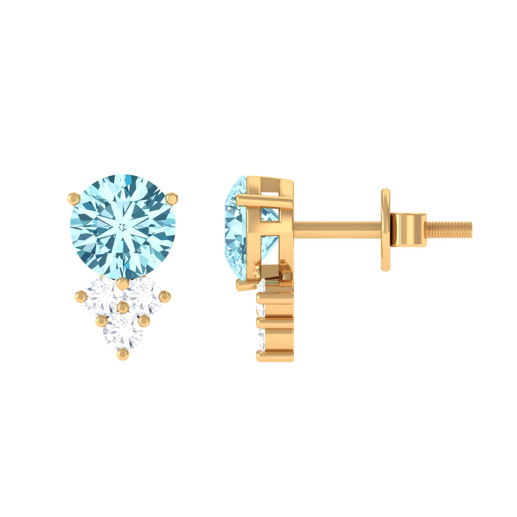 2 CT Natural Aquamarine Stud Earrings with Diamond Trio Aquamarine - ( AAA ) - Quality - Rosec Jewels