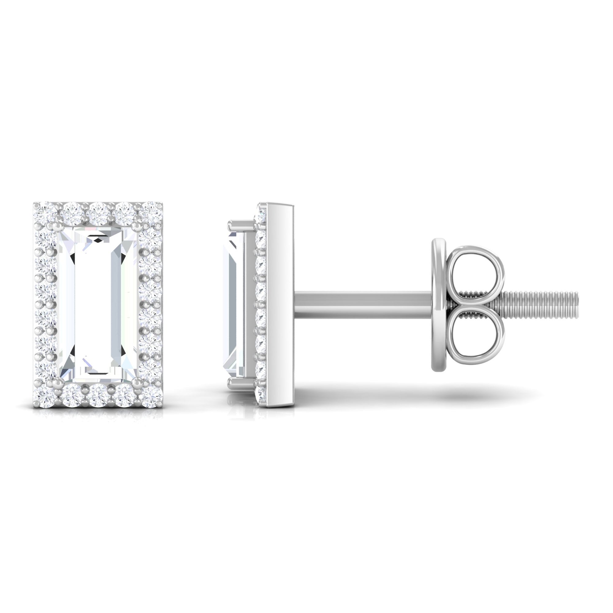 Baguette Cut Diamond Halo Stud Earrings in Gold Diamond - ( HI-SI ) - Color and Clarity - Rosec Jewels