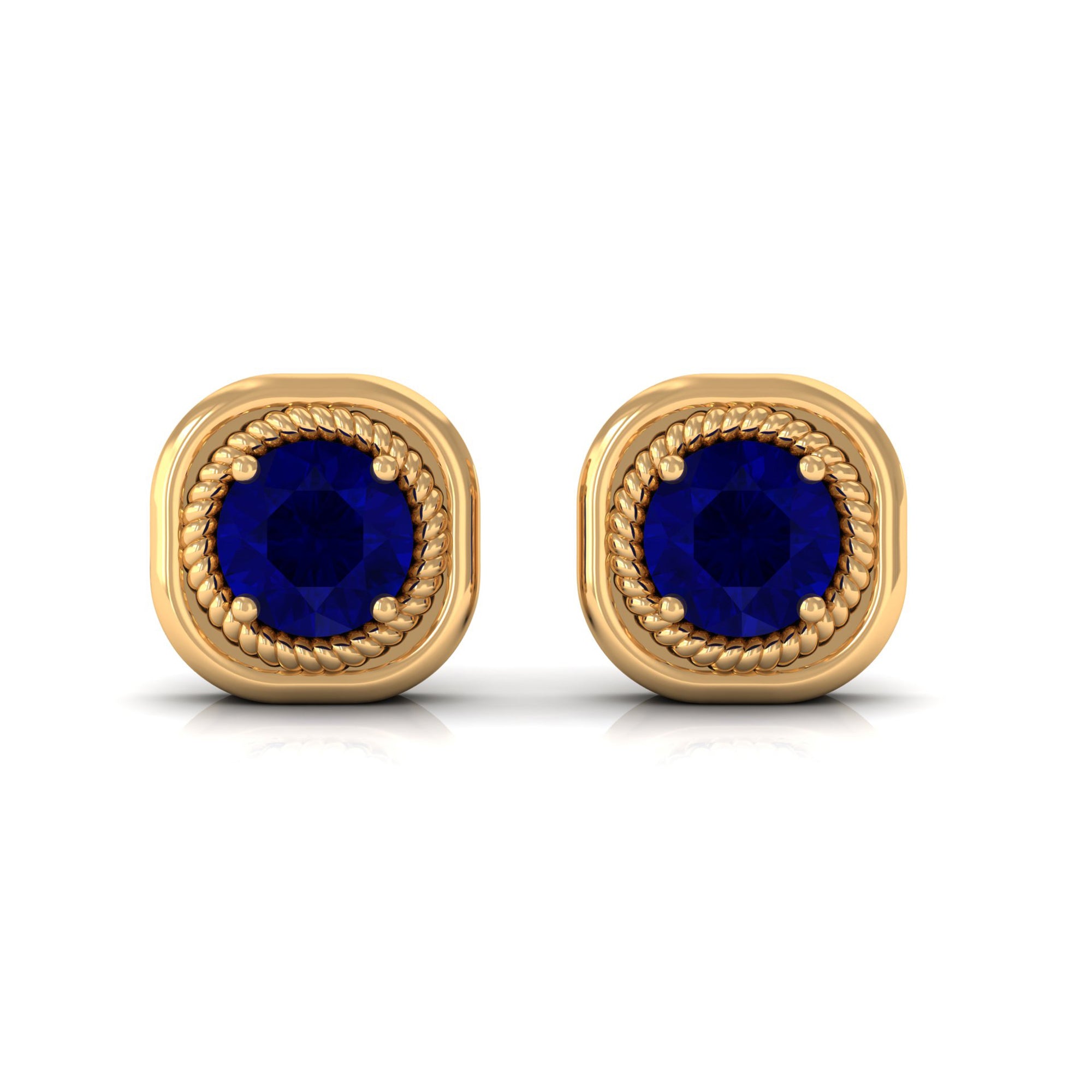 Blue Sapphire Solitaire Stud Earrings with Rope Frame Embellishment Blue Sapphire - ( AAA ) - Quality - Rosec Jewels