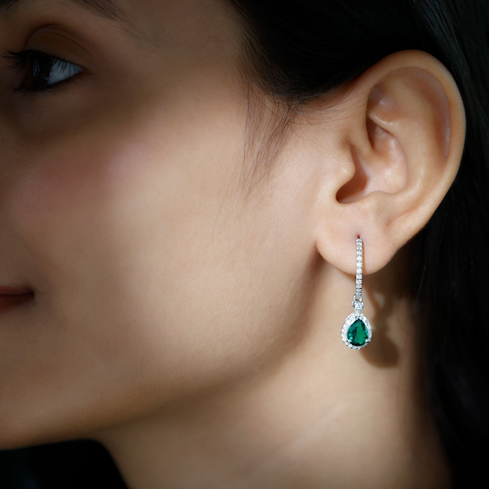 2.75 CT Dangle Hoop Earrings with Created Emerald and Moissanite Halo Lab Created Emerald - ( AAAA ) - Quality - Rosec Jewels