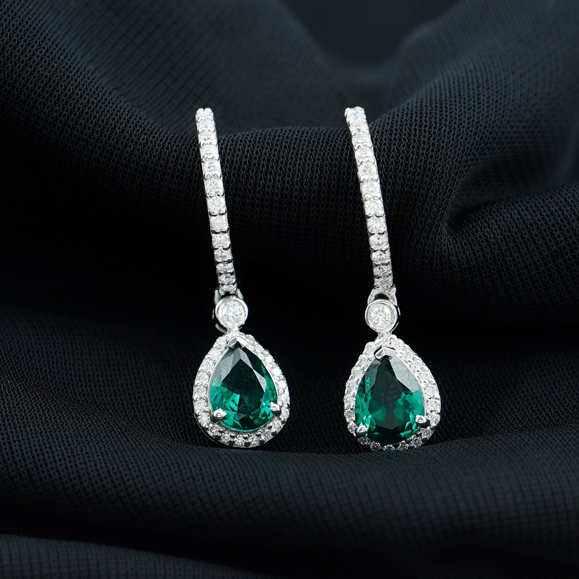 2.75 CT Dangle Hoop Earrings with Created Emerald and Moissanite Halo Lab Created Emerald - ( AAAA ) - Quality - Rosec Jewels