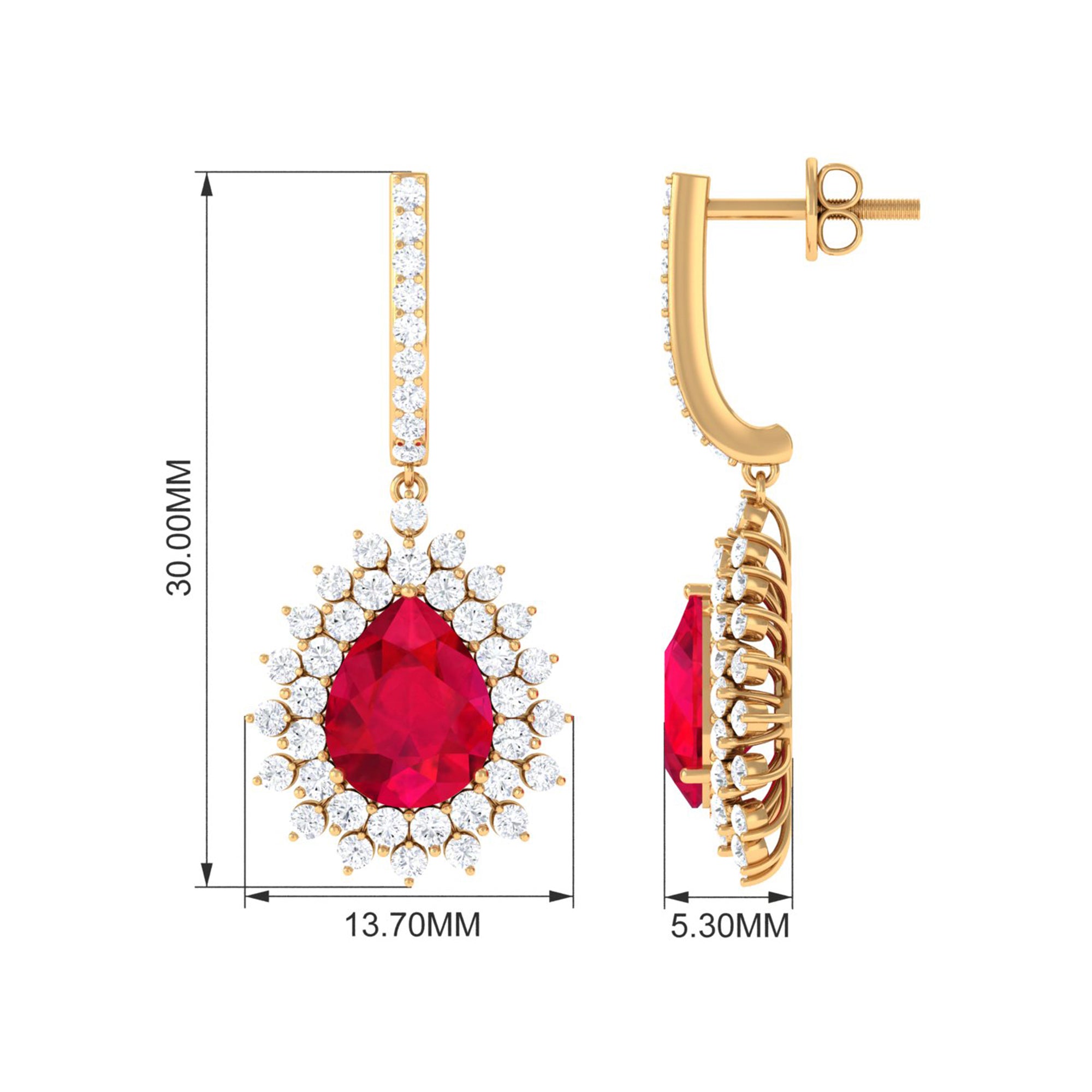 Pear Cut Created Ruby J Hoop Drop Earring with Moissanite Halo Lab Created Ruby - ( AAAA ) - Quality - Rosec Jewels