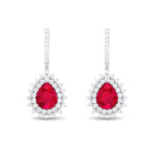 Pear Cut Created Ruby J Hoop Drop Earring with Moissanite Halo Lab Created Ruby - ( AAAA ) - Quality - Rosec Jewels