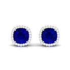 Created Blue Sapphire Stud Earrings with Diamond Halo Lab Created Blue Sapphire - ( AAAA ) - Quality - Rosec Jewels