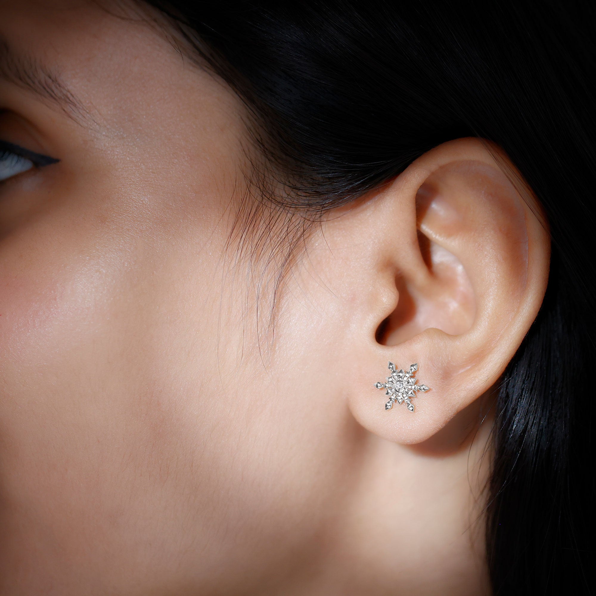 Snowflake Stud Earrings with Bezel Set Diamond Diamond - ( HI-SI ) - Color and Clarity - Rosec Jewels