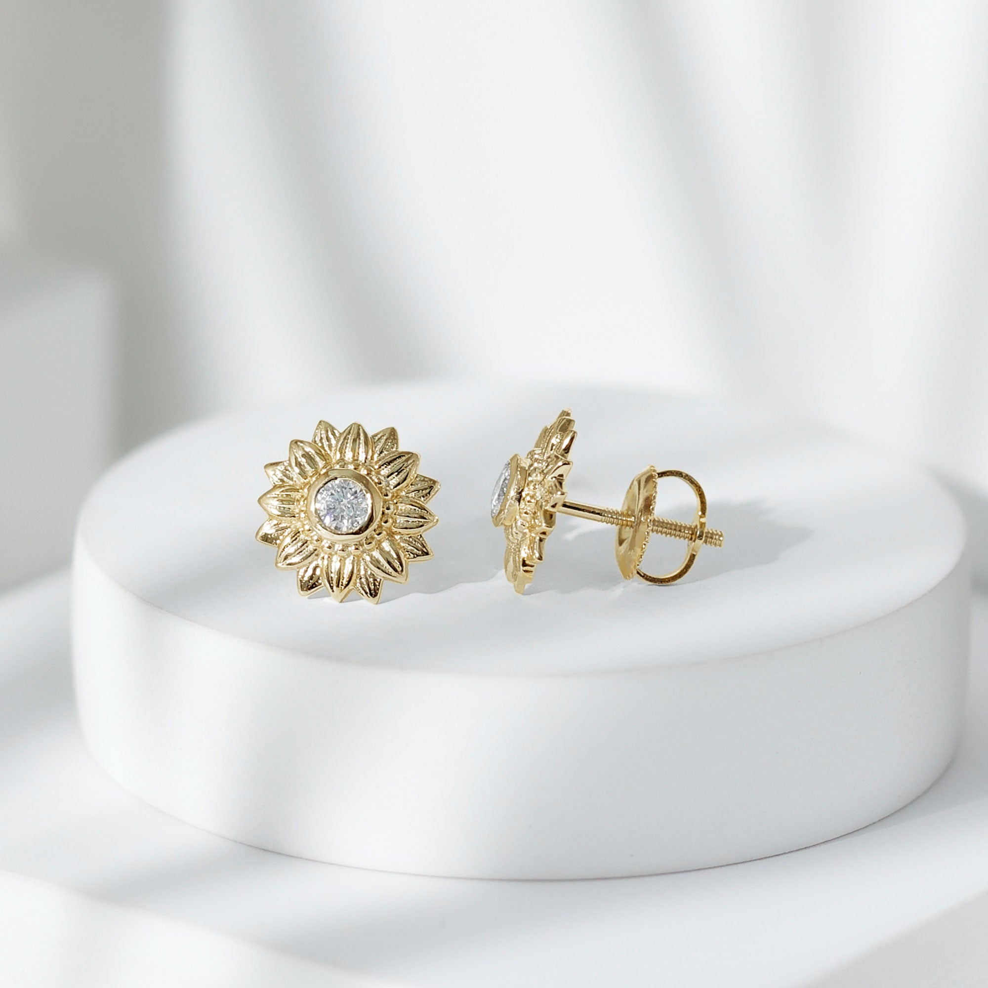 Diamond Gold Sunflower Stud Earrings Diamond - ( HI-SI ) - Color and Clarity - Rosec Jewels