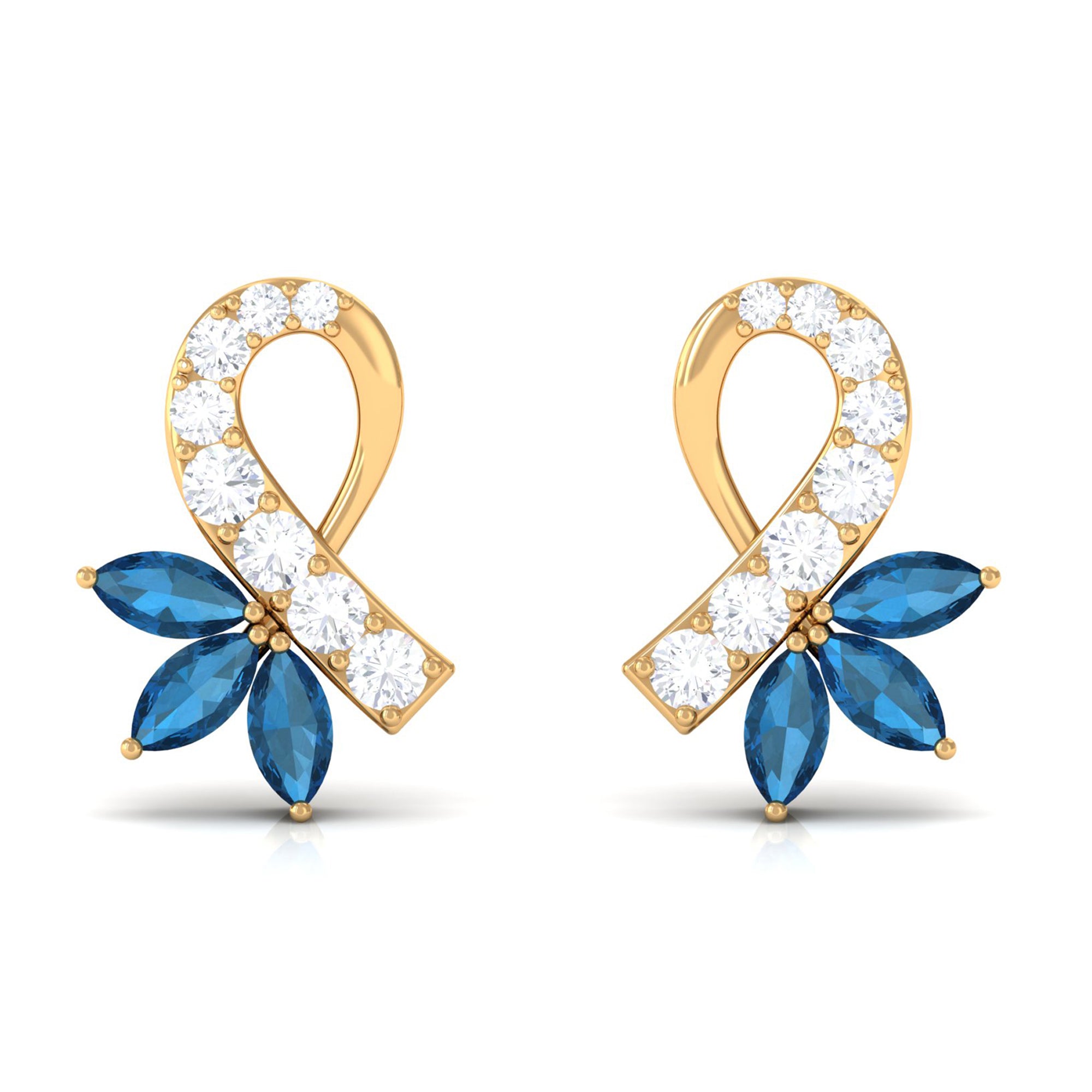 Floral Inspired London Blue Topaz and Diamond Stud Earrings London Blue Topaz - ( AAA ) - Quality - Rosec Jewels