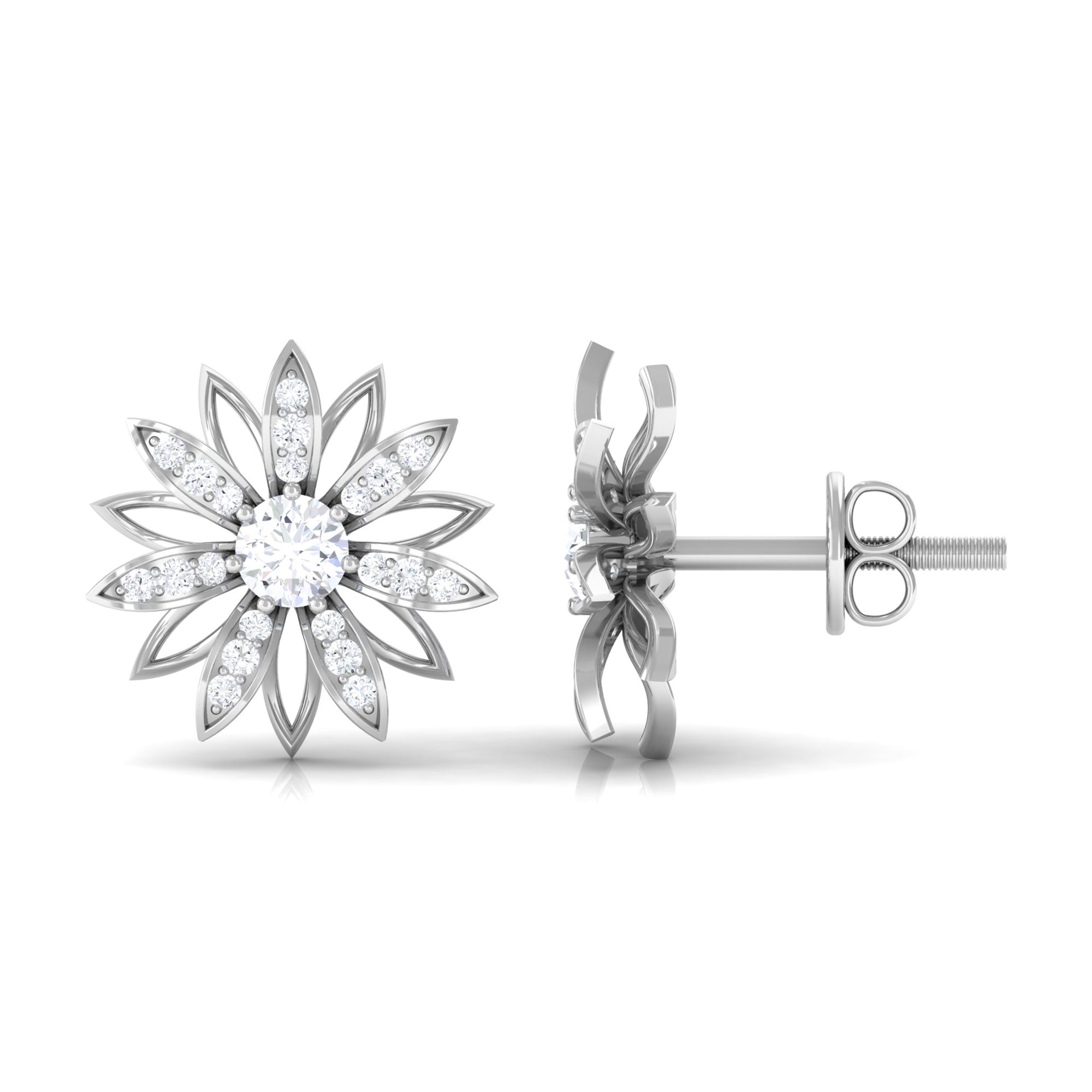 Zircon Flower Screw Back Stud Earrings Zircon - ( AAAA ) - Quality - Rosec Jewels