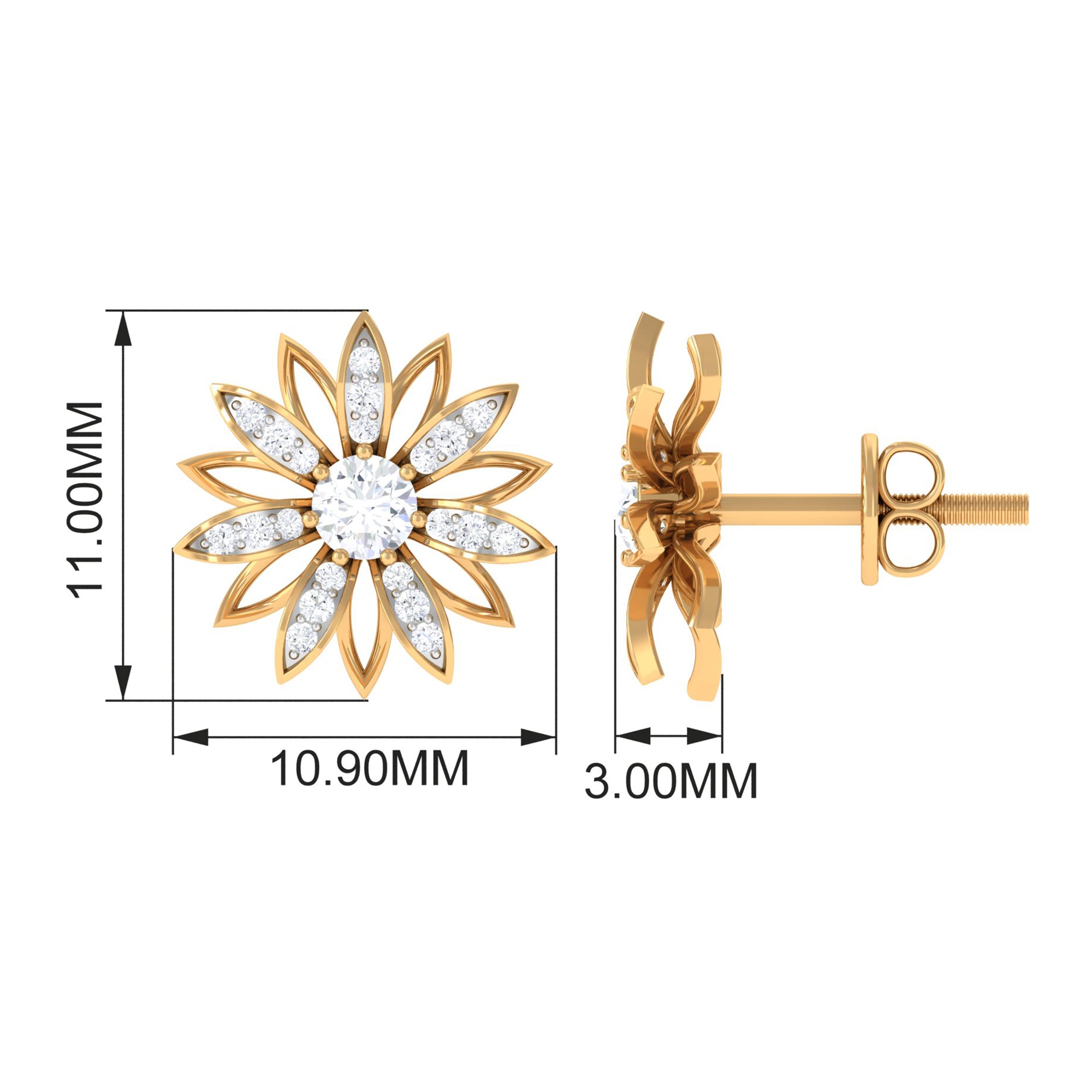 Zircon Flower Screw Back Stud Earrings Zircon - ( AAAA ) - Quality - Rosec Jewels