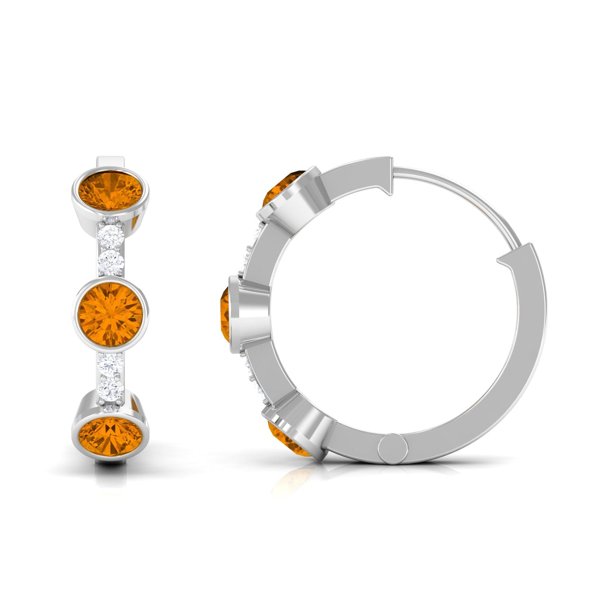 Bezel Set Citrine 3 Stone Hinged Hoop Earrings with Diamond Citrine - ( AAA ) - Quality - Rosec Jewels