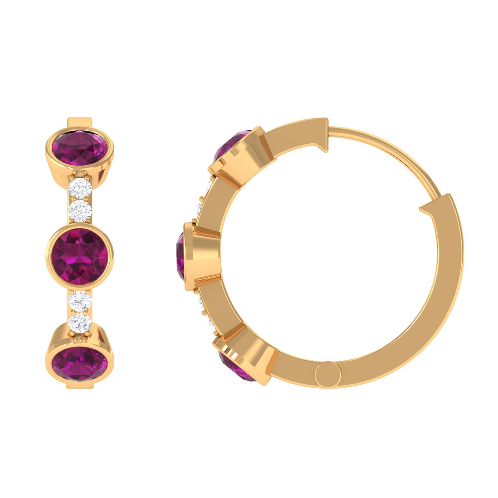 Bezel Set Rhodolite 3 Stone Hinged Hoop Earrings with Diamond Rhodolite - ( AAA ) - Quality - Rosec Jewels