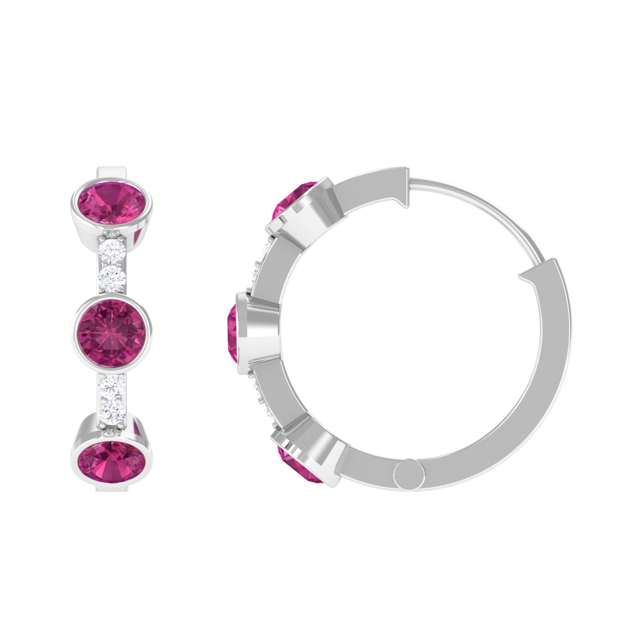 Bezel Set Pink Tourmaline 3 Stone Hinged Hoop Earrings with Diamond Pink Tourmaline - ( AAA ) - Quality - Rosec Jewels