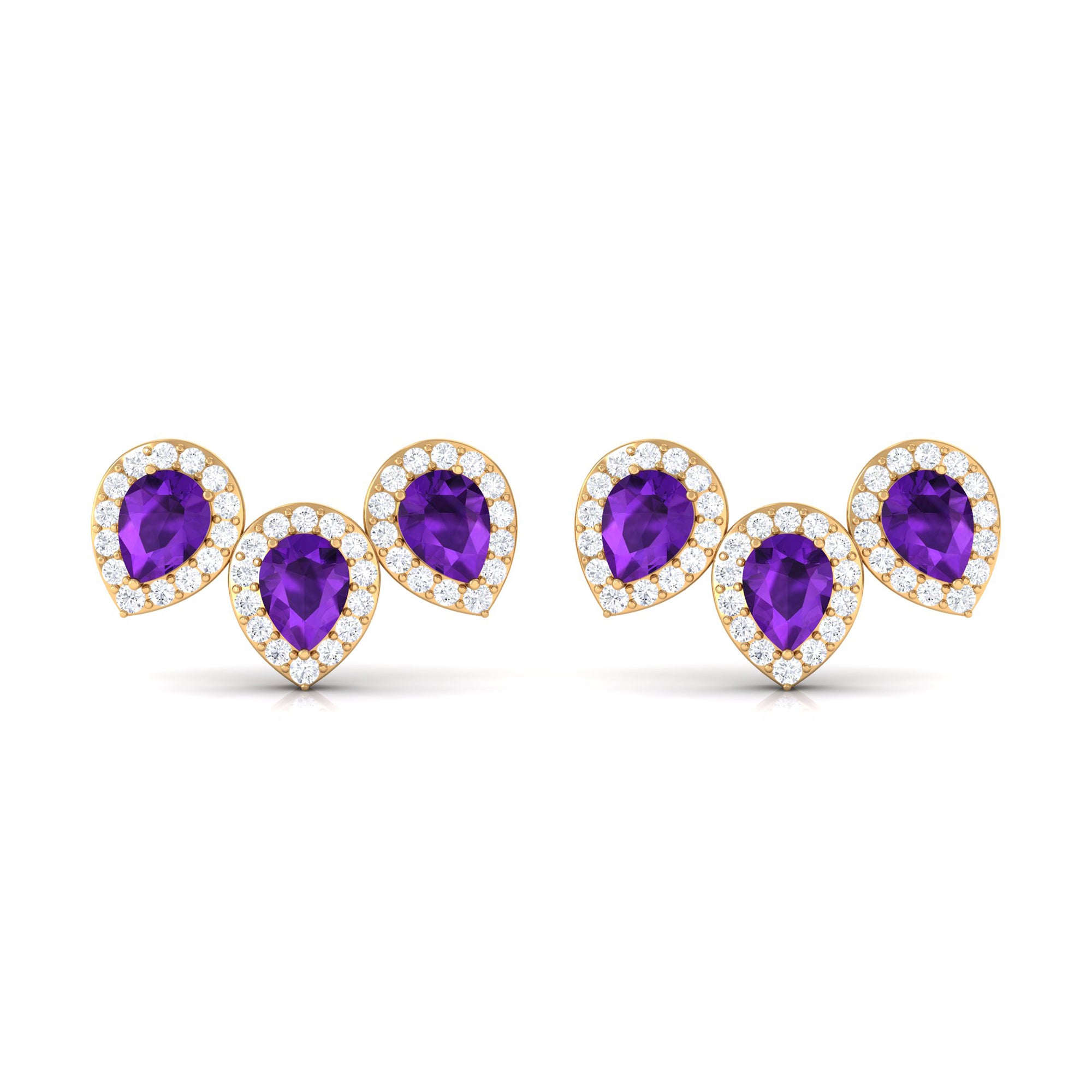 Pear Cut Amethyst 3 Stone Stud Earring with Diamond Halo Amethyst - ( AAA ) - Quality - Rosec Jewels