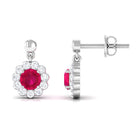 Natural Ruby Flower Drop Earrings with Diamond Halo Ruby - ( AAA ) - Quality - Rosec Jewels