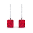 Emerald Cut Created Ruby Hoop Drop Earrings with Diamond Accent Lab Created Ruby - ( AAAA ) - Quality - Rosec Jewels