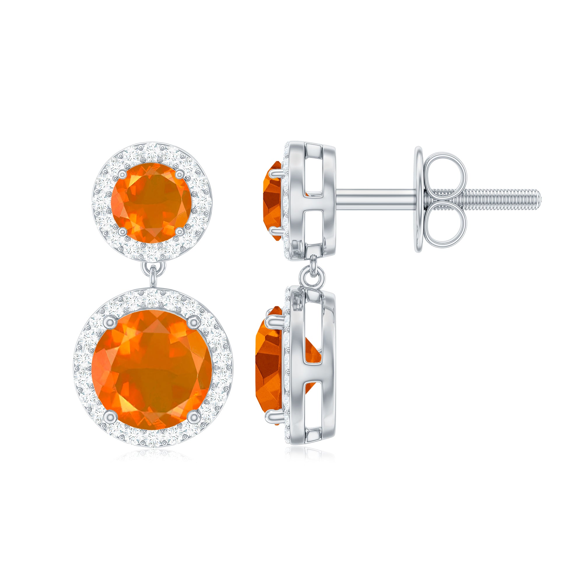 Natural Fire Opal and Diamond Halo Dangle Earrings Fire Opal - ( AAA ) - Quality - Rosec Jewels