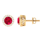 Created Ruby and Diamond Classic Halo Stud Earrings Lab Created Ruby - ( AAAA ) - Quality - Rosec Jewels