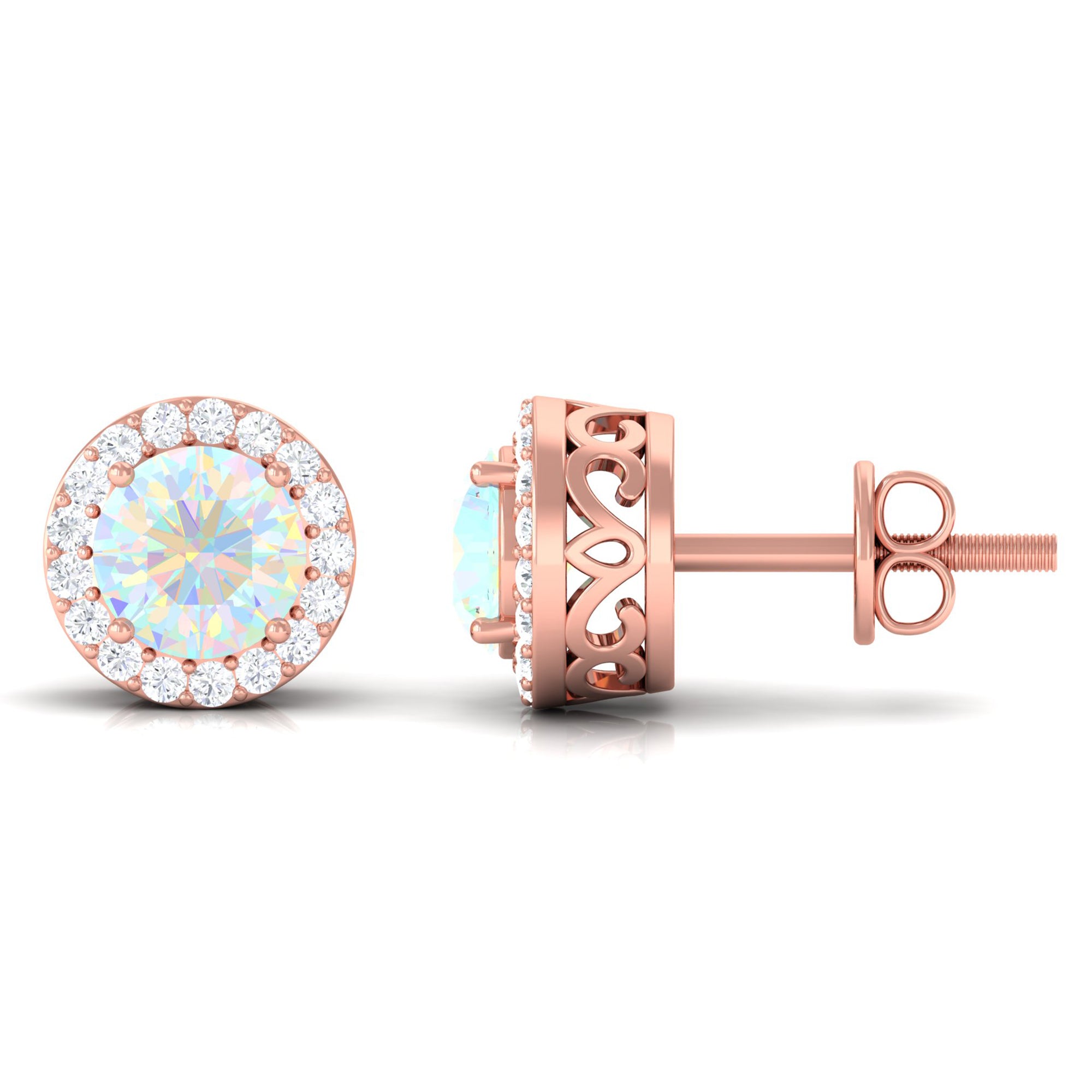 2 CT Round Ethiopian Opal Minimal Stud Earrings with Diamond Halo in Prong Setting Ethiopian Opal - ( AAA ) - Quality - Rosec Jewels