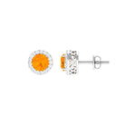 Round Fire Opal Minimal Halo Stud Earrings with Diamond Fire Opal - ( AAA ) - Quality - Rosec Jewels