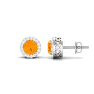 Round Fire Opal Minimal Halo Stud Earrings with Diamond Fire Opal - ( AAA ) - Quality - Rosec Jewels