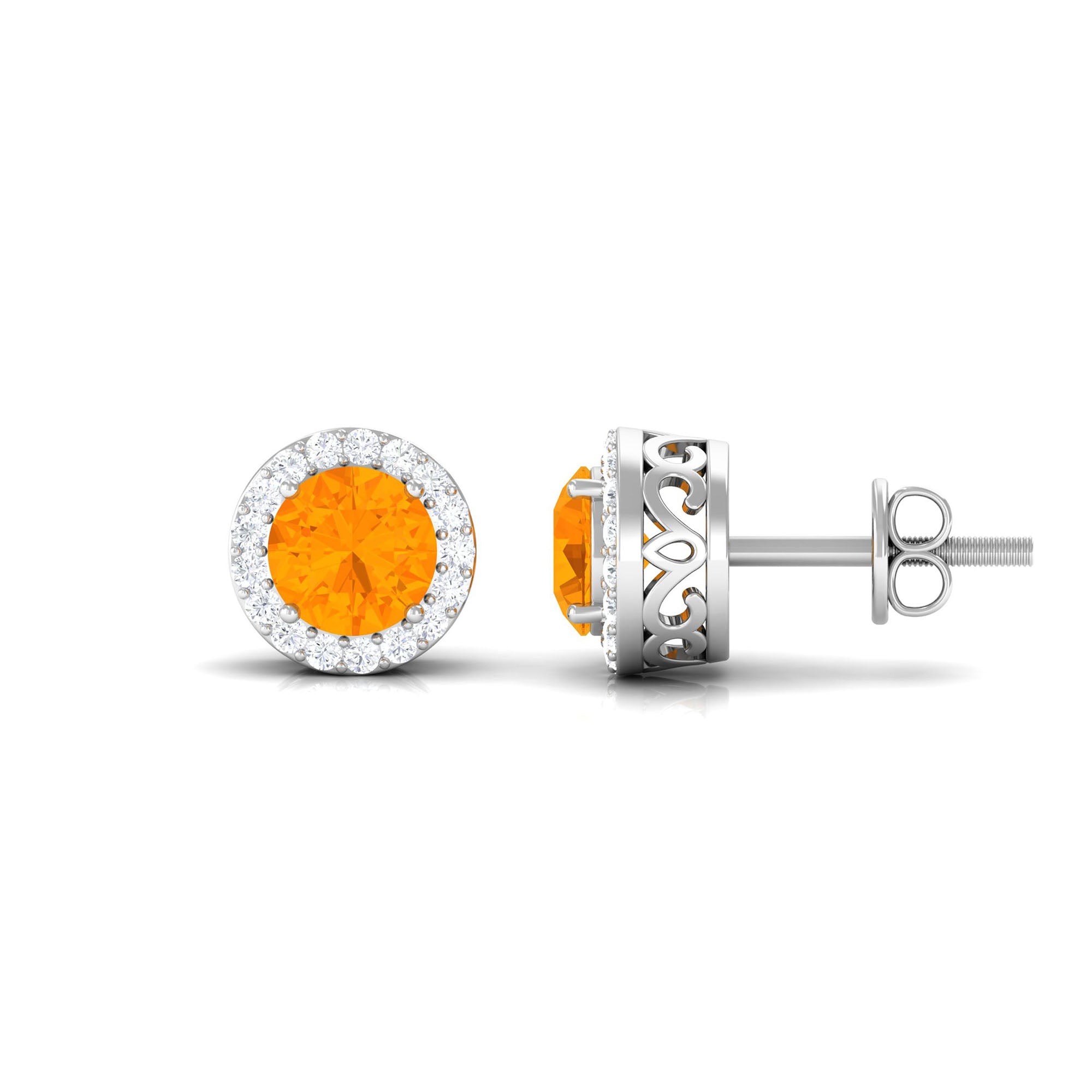 Round Fire Opal Minimal Halo Stud Earrings with Diamond Fire Opal - ( AAA ) - Quality - Rosec Jewels