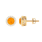 Round Fire Opal Minimal Halo Stud Earrings with Diamond Fire Opal - ( AAA ) - Quality - Rosec Jewels