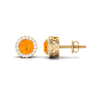 Round Fire Opal Minimal Halo Stud Earrings with Diamond Fire Opal - ( AAA ) - Quality - Rosec Jewels