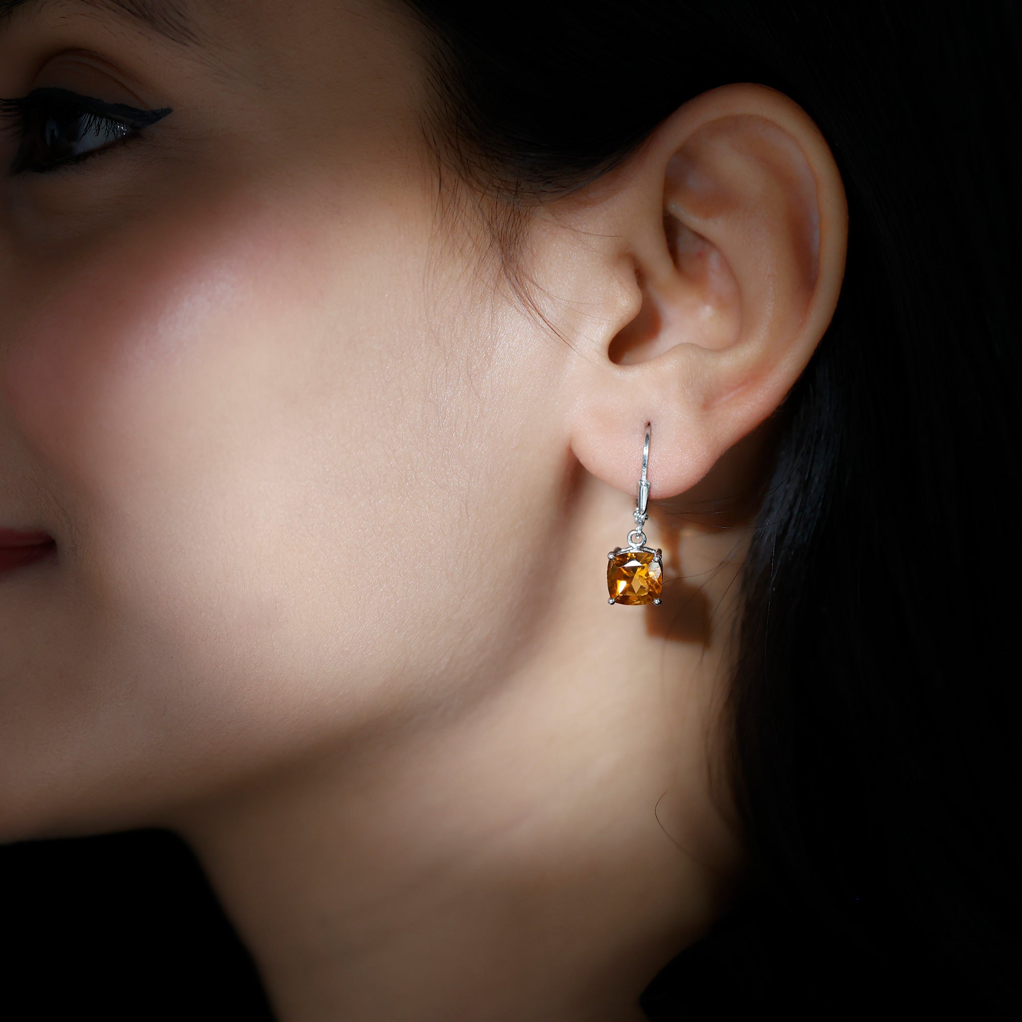 8 MM Cushion Cut Citrine Solitaire Drop Earrings in Silver Citrine - ( AAA ) - Quality 92.5 Sterling Silver - Rosec Jewels